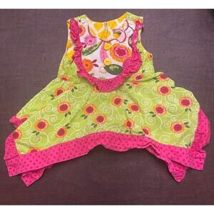 Jelly The Pug Toddler Girls Top with Flowers and Ruffles Pink Yellow Green 2T